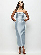 Rear View Thumbnail - Mist Strapless Cuff Satin Midi Dress with Column Skirt & Back Bow 