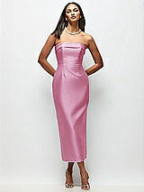 Rear View Thumbnail - Powder Pink Strapless Cuff Satin Midi Dress with Column Skirt & Back Bow 