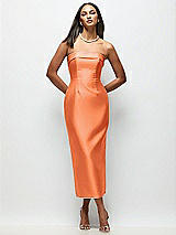 Rear View Thumbnail - Portofino Orange Strapless Cuff Satin Midi Dress with Column Skirt & Back Bow 