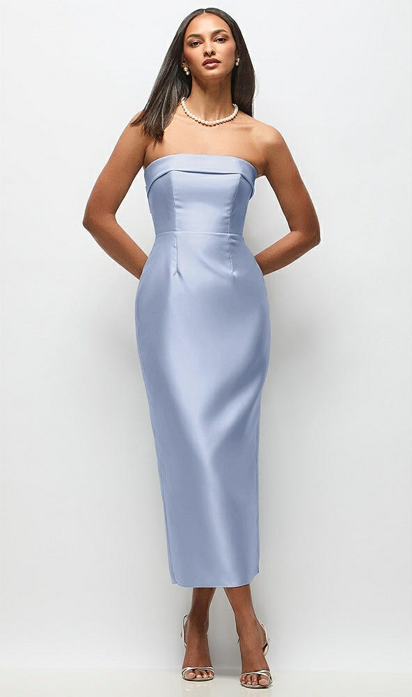 Back View - Sky Blue Strapless Cuff Satin Midi Dress with Column Skirt & Back Bow 