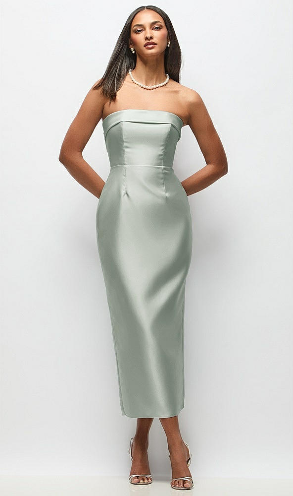 Back View - Willow Green Strapless Cuff Satin Midi Dress with Column Skirt & Back Bow