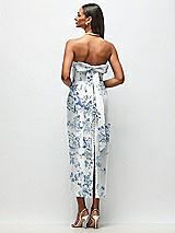 Rear View Thumbnail - Cottage Rose Larkspur Strapless Cuff Floral Satin Midi Dress with Column Skirt & Back Bow 