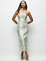 Front View Thumbnail - Sage Cottage Rose Strapless Cuff Floral Satin Midi Dress with Column Skirt & Back Bow 