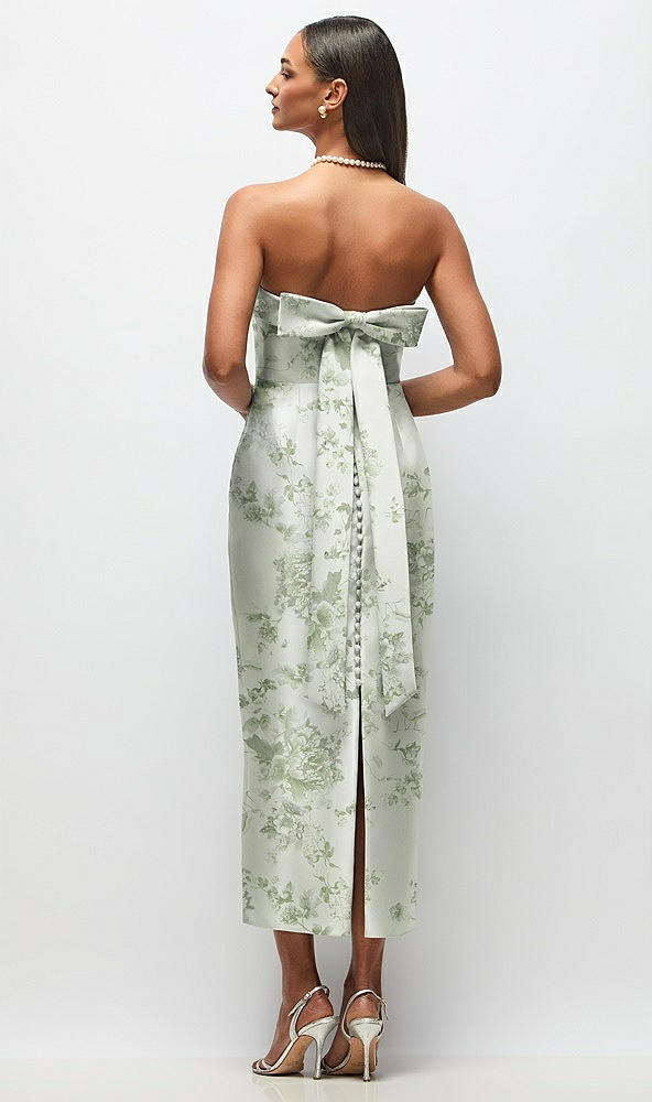 Back View - Sage Cottage Rose Strapless Cuff Floral Satin Midi Dress with Column Skirt & Back Bow 