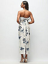 Rear View Thumbnail - Inkwash Blue Floral Strapless Cuff Floral Satin Midi Dress with Column Skirt & Back Bow 