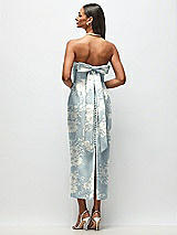Rear View Thumbnail - Porcelain Blue Seraphina Floral Strapless Cuff Floral Satin Midi Dress with Column Skirt & Back Bow 