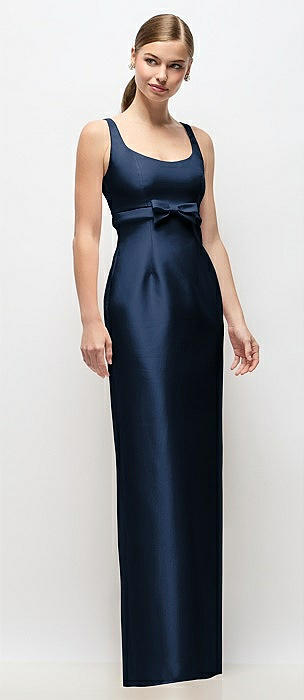 Scoop Neck Satin Column Maxi Dress with Bow at Empire Waist