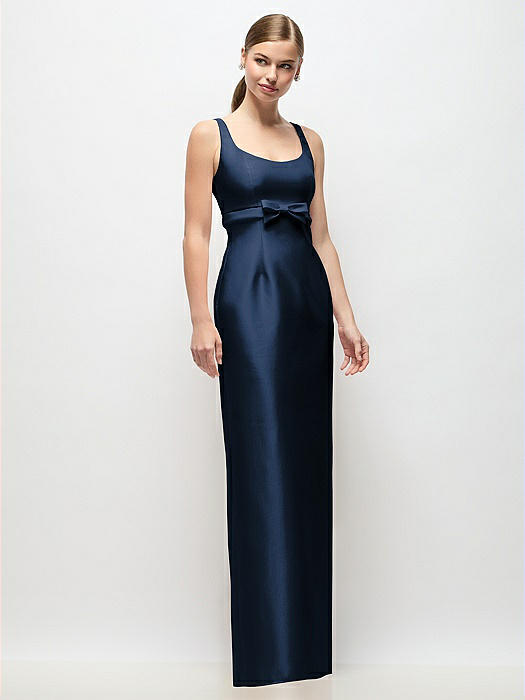 Scoop Neck Satin Column Maxi Dress with Bow at Empire Waist