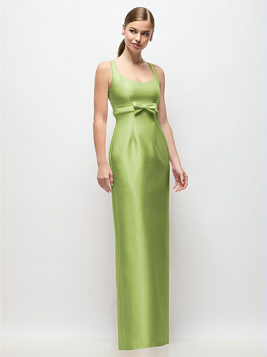 Scoop Neck Satin Column Maxi Dress with Bow at Empire Waist