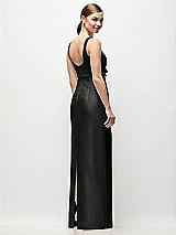 Rear View Thumbnail - Black Scoop Neck Satin Column Maxi Dress with Bow at Empire Waist