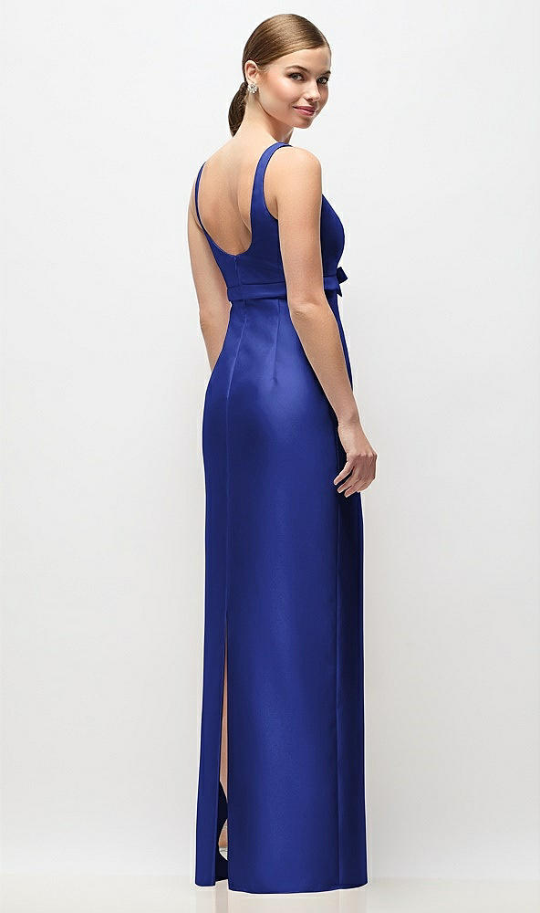 Back View - Cobalt Blue Scoop Neck Satin Column Maxi Dress with Bow at Empire Waist