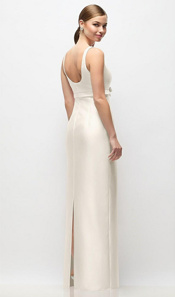 Back View - Ivory Scoop Neck Satin Column Maxi Dress with Bow at Empire Waist