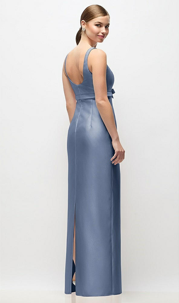 Back View - Larkspur Blue Scoop Neck Satin Column Maxi Dress with Bow at Empire Waist