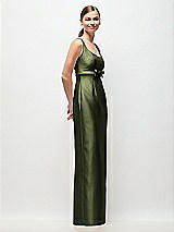 Side View Thumbnail - Olive Green Scoop Neck Satin Column Maxi Dress with Bow at Empire Waist