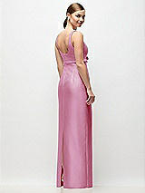 Rear View Thumbnail - Powder Pink Scoop Neck Satin Column Maxi Dress with Bow at Empire Waist