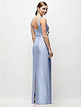 Rear View Thumbnail - Sky Blue Scoop Neck Satin Column Maxi Dress with Bow at Empire Waist