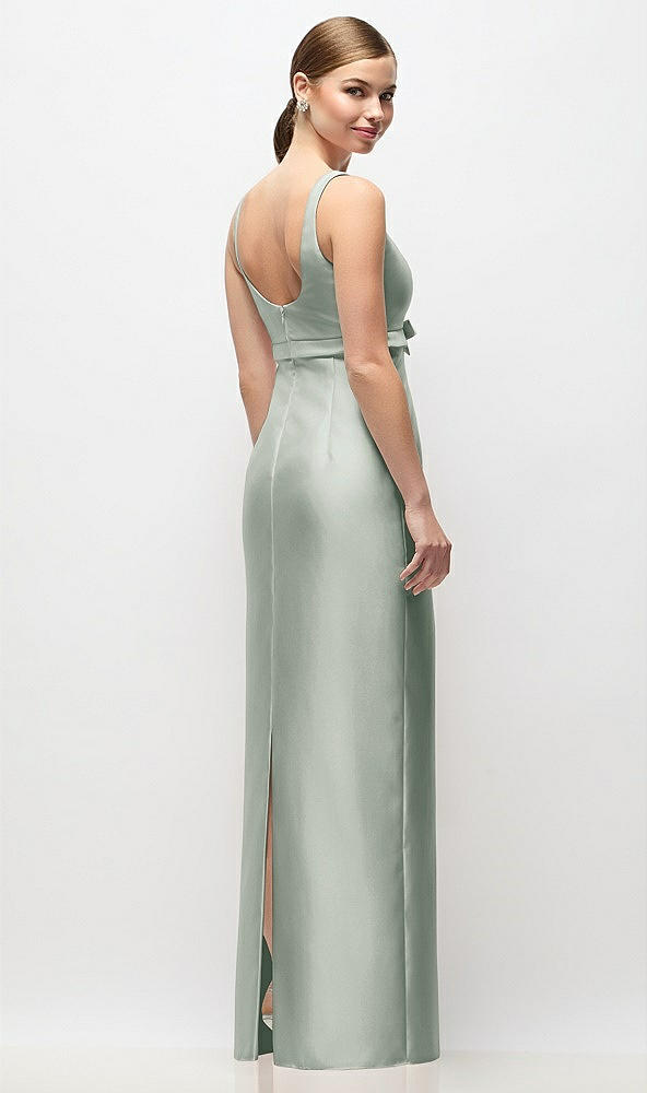 Back View - Willow Green Scoop Neck Satin Column Maxi Dress with Bow at Empire Waist