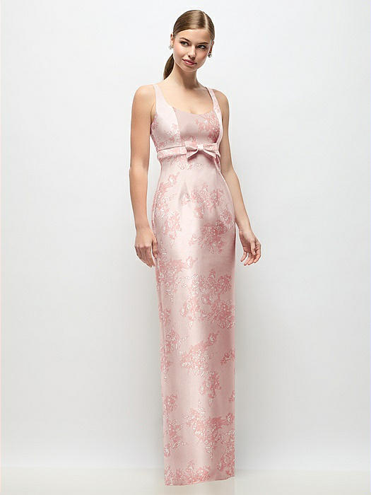 Scoop Neck Floral Satin Column Maxi Dress with Bow at Empire Waist