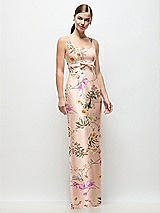 Front View Thumbnail - Butterfly Botanica Pink Sand Scoop Neck Floral Satin Column Maxi Dress with Bow at Empire Waist