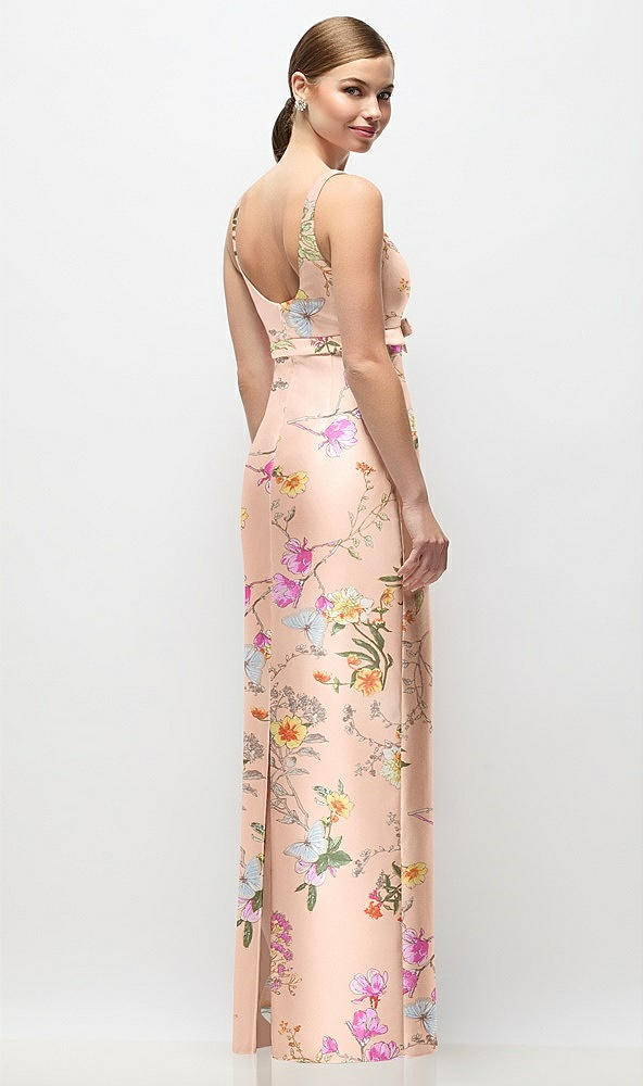 Back View - Butterfly Botanica Pink Sand Scoop Neck Floral Satin Column Maxi Dress with Bow at Empire Waist