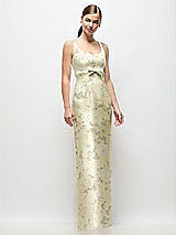 Front View Thumbnail - Butter Yellow Floral Scoop Neck Floral Satin Column Maxi Dress with Bow at Empire Waist