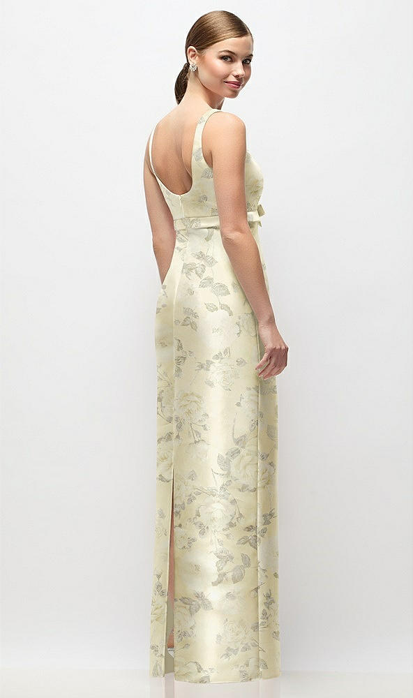 Back View - Butter Yellow Floral Scoop Neck Floral Satin Column Maxi Dress with Bow at Empire Waist