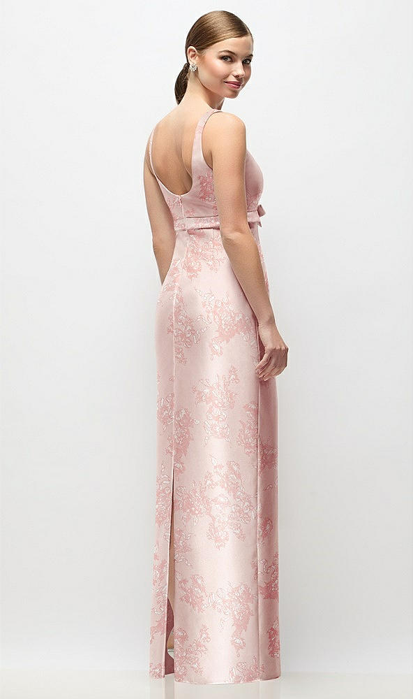 Back View - Bow And Blossom Print Scoop Neck Floral Satin Column Maxi Dress with Bow at Empire Waist