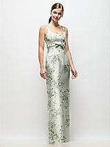 Front View Thumbnail - Sage Cottage Rose Scoop Neck Floral Satin Column Maxi Dress with Bow at Empire Waist