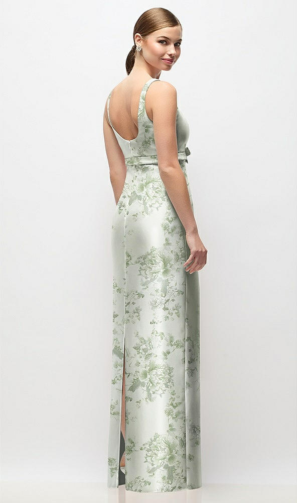 Back View - Sage Cottage Rose Scoop Neck Floral Satin Column Maxi Dress with Bow at Empire Waist
