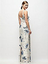 Rear View Thumbnail - Inkwash Blue Floral Scoop Neck Floral Satin Column Maxi Dress with Bow at Empire Waist