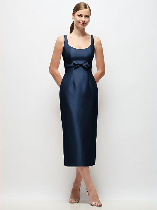 Scoop Neck Satin Column Midi Dress with Bow at Empire Waist