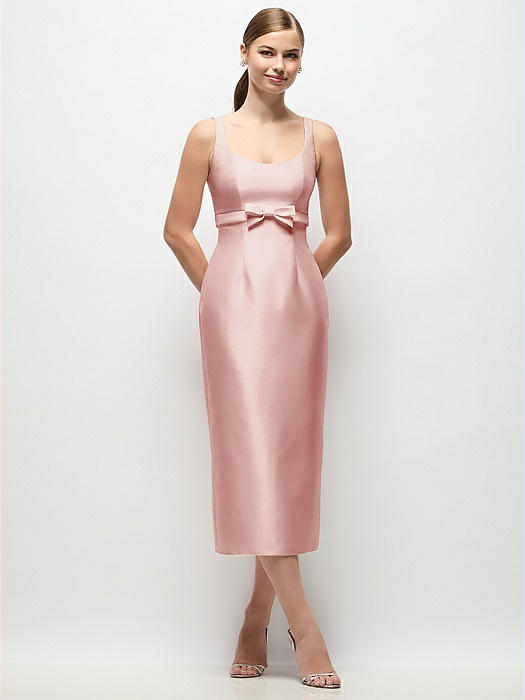Scoop Neck Satin Column Midi Dress with Bow at Empire Waist