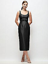 Front View Thumbnail - Black Scoop Neck Satin Column Midi Dress with Bow at Empire Waist