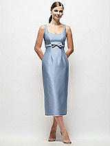 Front View Thumbnail - Cloudy Scoop Neck Satin Column Midi Dress with Bow at Empire Waist