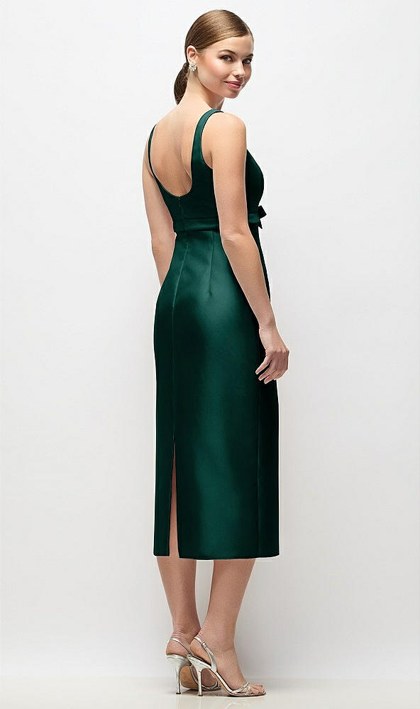 Back View - Evergreen Scoop Neck Satin Column Midi Dress with Bow at Empire Waist