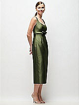 Side View Thumbnail - Olive Green Scoop Neck Satin Column Midi Dress with Bow at Empire Waist