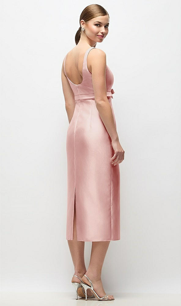 Back View - Rose Scoop Neck Satin Column Midi Dress with Bow at Empire Waist