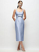 Front View Thumbnail - Sky Blue Scoop Neck Satin Column Midi Dress with Bow at Empire Waist