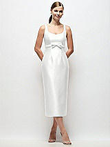 Front View Thumbnail - White Scoop Neck Satin Column Midi Dress with Bow at Empire Waist