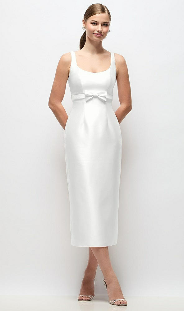 Front View - White Scoop Neck Satin Column Midi Dress with Bow at Empire Waist