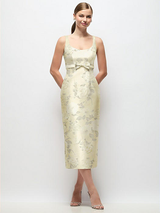 Scoop Neck Floral Satin Column Midi Dress with Bow at Empire Waist