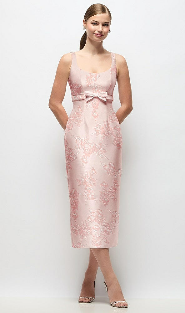 Front View - Bow And Blossom Print Scoop Neck Floral Satin Column Midi Dress with Bow at Empire Waist