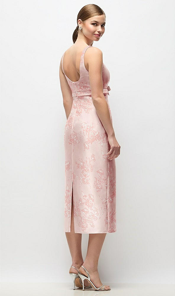 Back View - Bow And Blossom Print Scoop Neck Floral Satin Column Midi Dress with Bow at Empire Waist