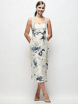 Front View Thumbnail - Inkwash Blue Floral Scoop Neck Floral Satin Column Midi Dress with Bow at Empire Waist