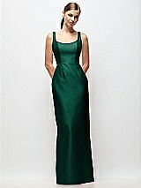 Front View Thumbnail - Hunter Green Scoop Neck Satin Column Maxi Dress