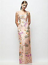 Front View Thumbnail - Butterfly Botanica Pink Sand Scoop Neck Floral Satin Column Maxi Dress