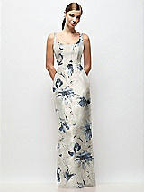 Front View Thumbnail - Inkwash Blue Floral Scoop Neck Floral Satin Column Maxi Dress