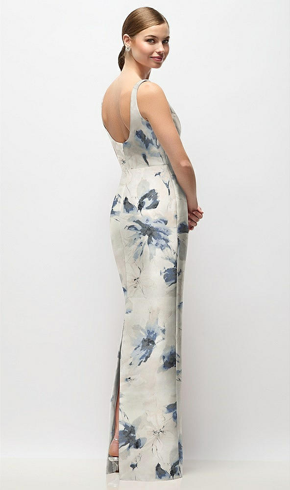 Back View - Inkwash Blue Floral Scoop Neck Floral Satin Column Maxi Dress