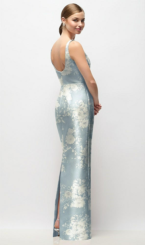 Back View - Porcelain Blue Seraphina Floral Scoop Neck Floral Satin Column Maxi Dress