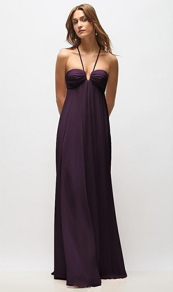 Back View - Aubergine Empire Waist Chiffon Halter Maxi Dress with Convertible Spaghetti Straps